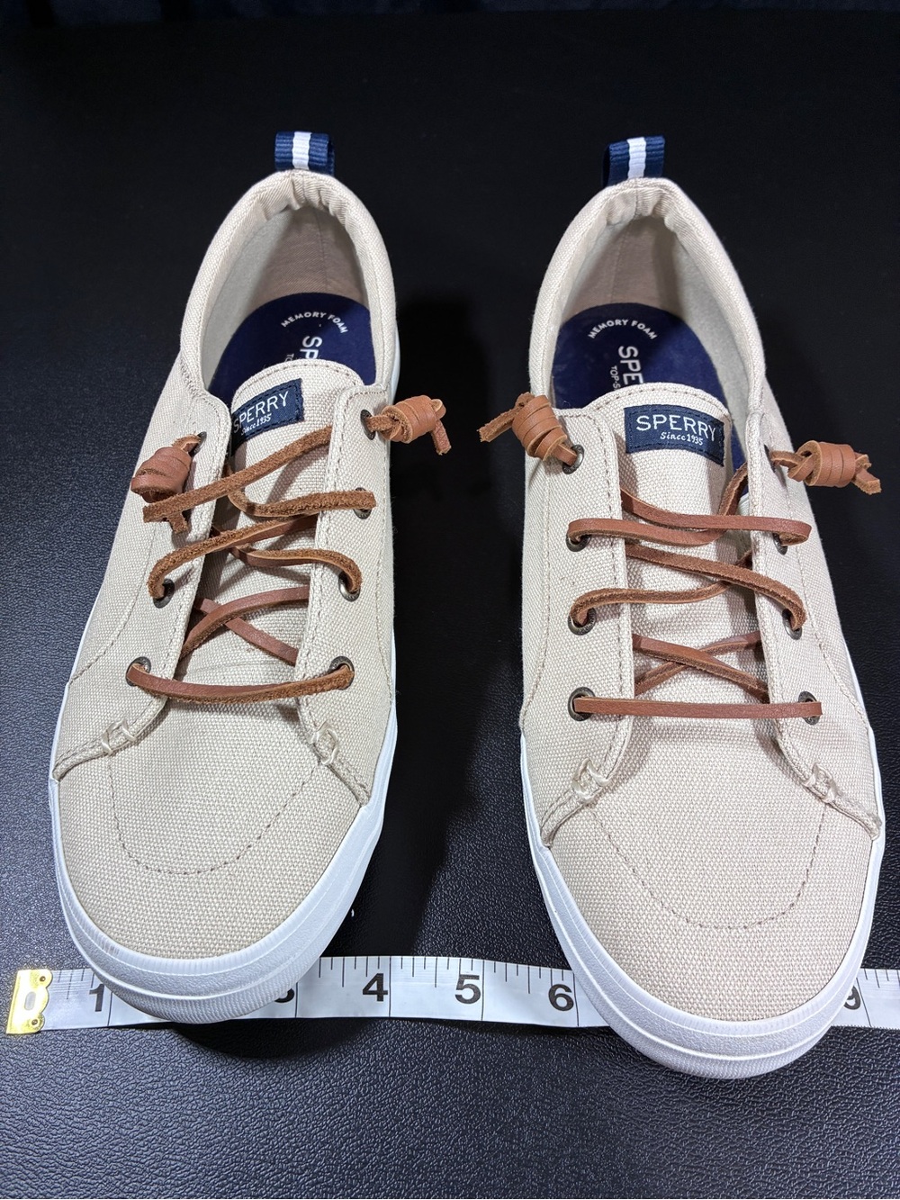 Sperry Beige Canvas Boat Shoes with Brown Leather Laces - Picture 12 of 12